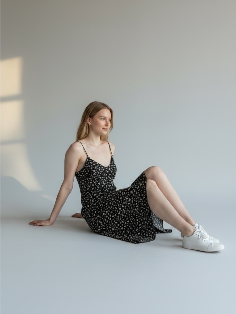 Black Floral Spaghetti-Strap Midi Dress
